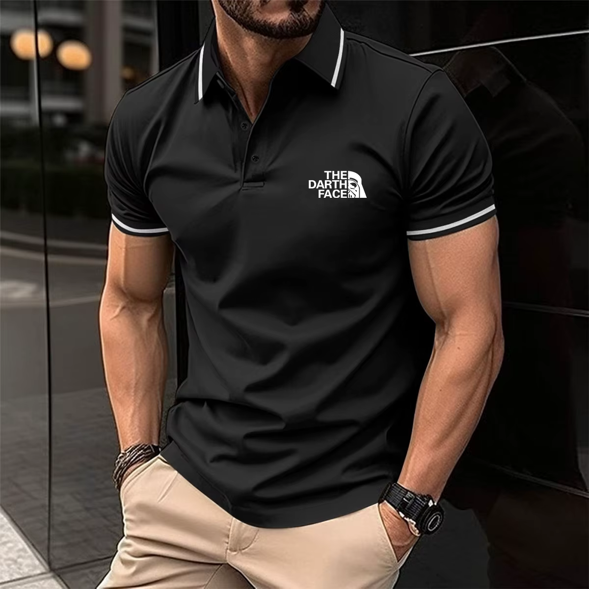 Polo homme haut de gamme : Matière douce pour la peau, col et poignets à bordures contrastées, impri