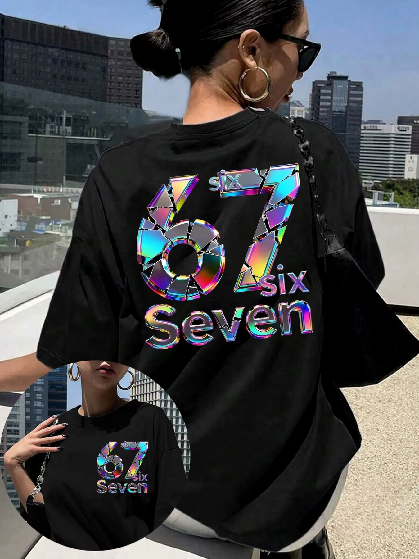 T-shirt à imprimé lettres pour femmes 67, Six Seven, haut décontracté noir à manches courtes et col 
