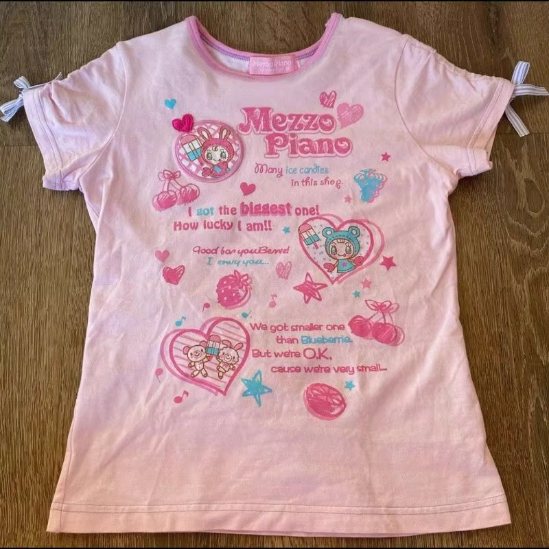 T-shirt rose imprimé dessin animé japonais Kawaii, simple, ample, décontracté, col rond, manches cou