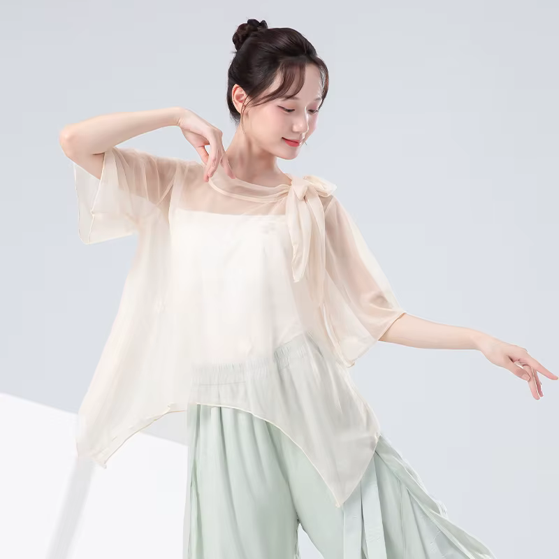 Haut de danse classique pour femmes, élégant, col noué, manches courtes, chemise transparente, décor