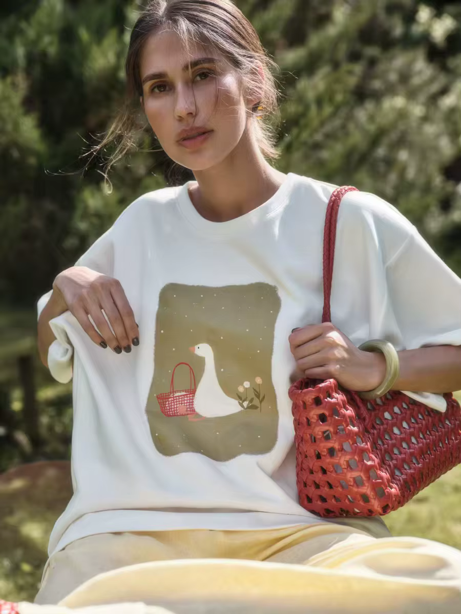 T-shirt blanc en coton pour femme, imprimé dessin animé d'oie, style décontracté, rétro américain, h