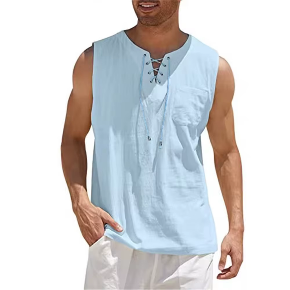 Chemises en coton et lin pour hommes, chemises à lacets rétro, chemise à col en V, précieux, chemise