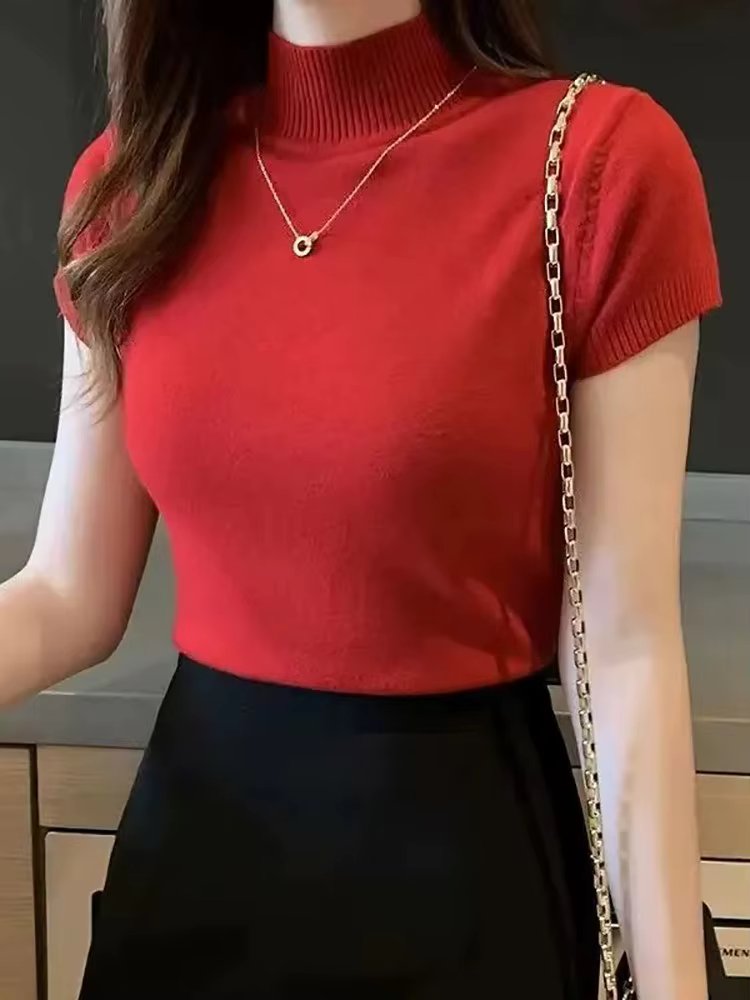 T-Shirt à col mi-haut pour femmes, pull à la mode, hauts décontractés, Style coréen, vêtements éléga