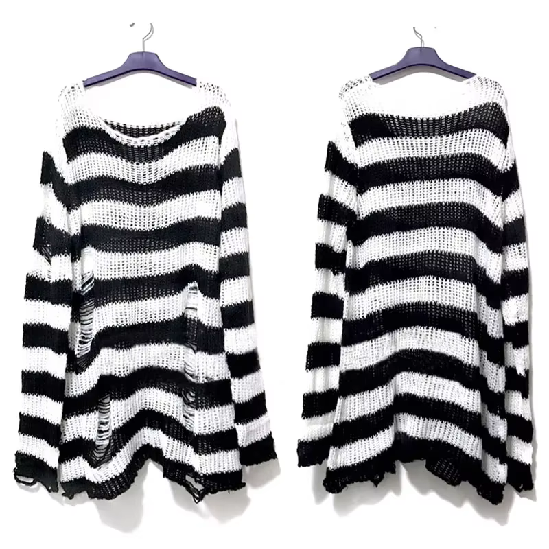 Nouveau Streetwear haut Punk gothique Long unisexe pull été femmes rayé Cool trou creux cassé pull a