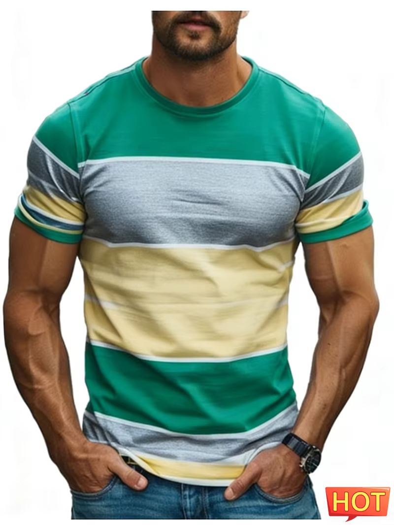 T-shirts graphiques rayés simples pour hommes, mode d'été, manches courtes, t-shirts à col rond impr