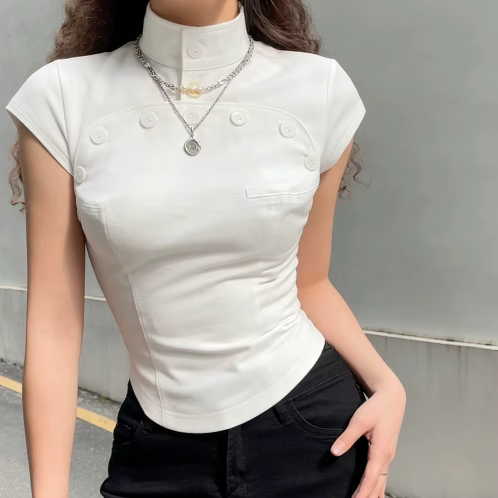 Haut ajusté sexy et tendance pour femme, couleur unie, design boutonné original