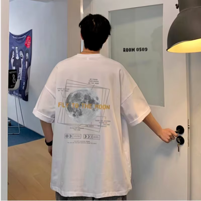 T-shirt à motif de lune, Style coréen, sensation paresseuse, 30kg à 120kg, haut basique quotidien, c