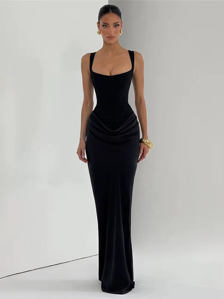Kliou – Robe longue froncée élégante pour femme, col carré, dos nu, sans manches, douce, pour fête d