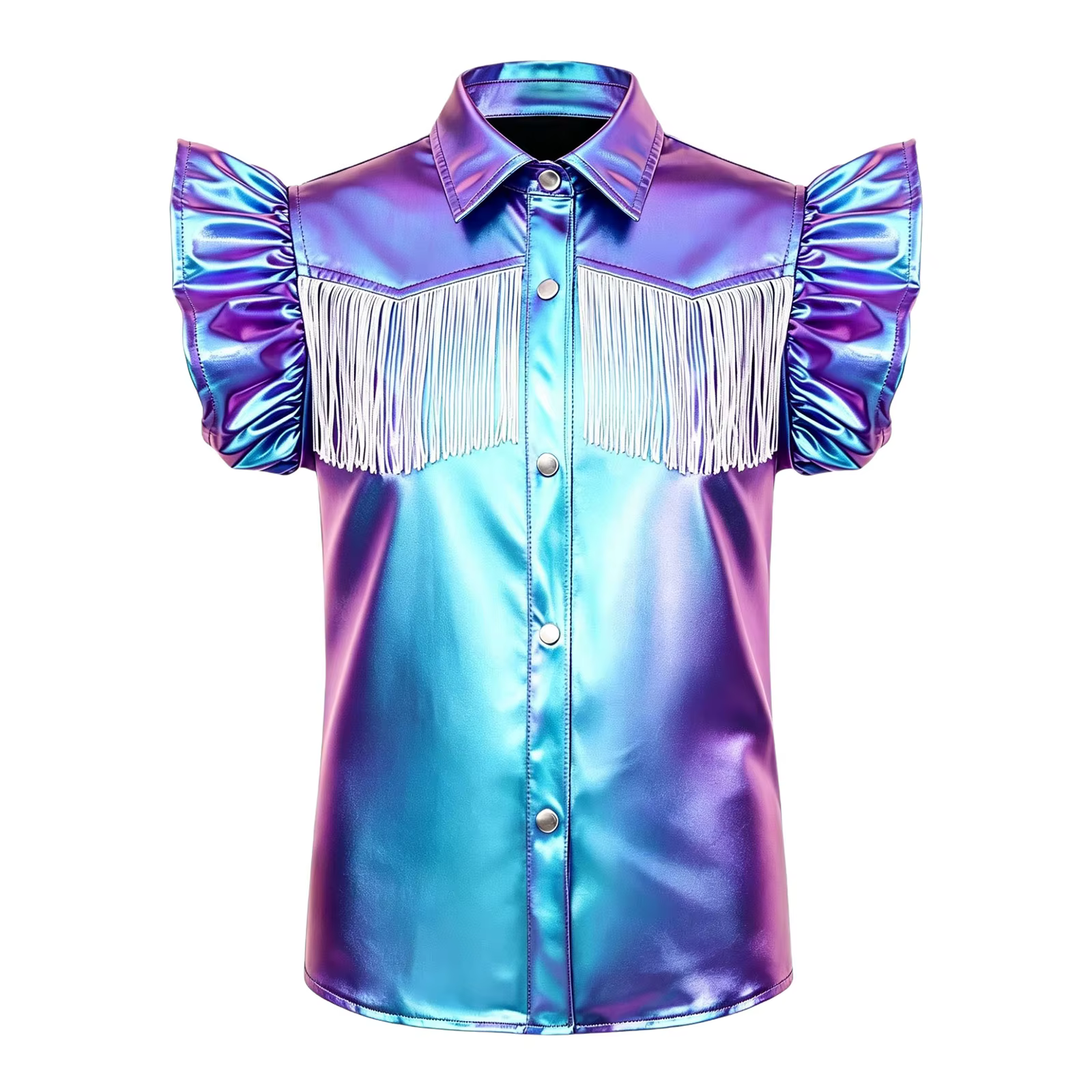 Chemise Métallique Western Cowgirl pour Filles, Costume de Fête Thème, Col Rabattu, Manches Volantée