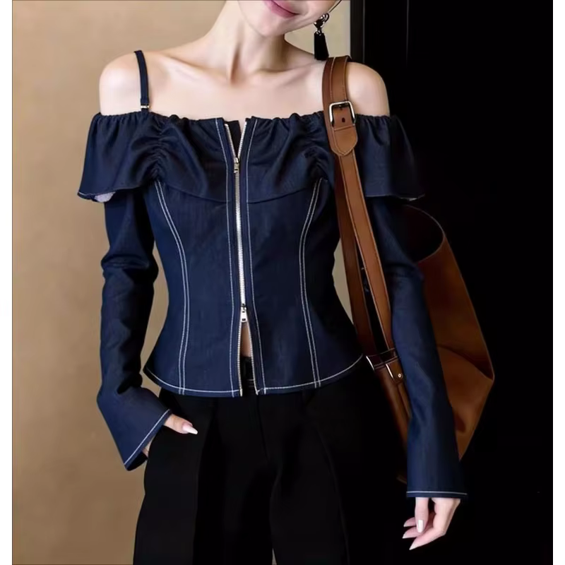 Chemise en jean bleue pour femme, style printemps, élégance de célébrité, luxe léger, haut haut de g