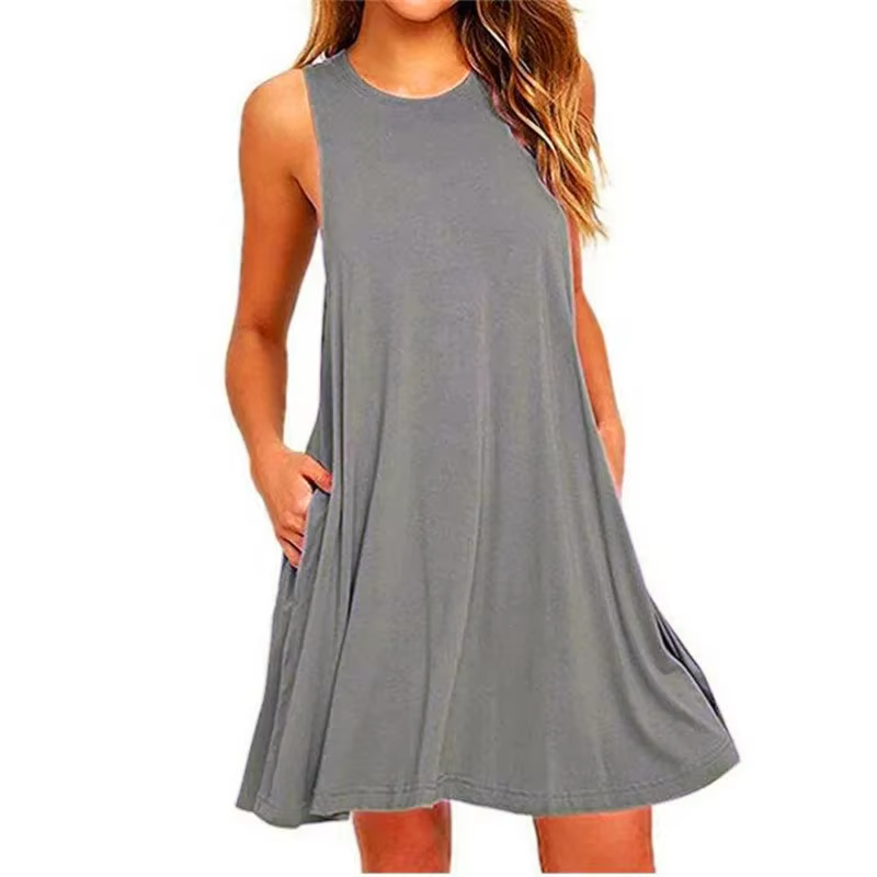 Robe d'été pour femmes, t-shirt décontracté, couverture de plage, couleur unie, plissée, poches déba