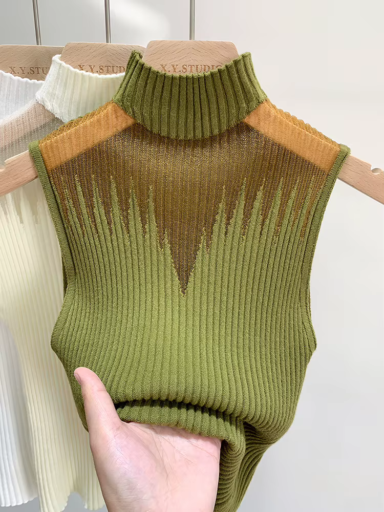 Haut tricoté en maille pour femmes, débardeur Y2K, gilet demi-cou, pull sans manches, Chic, découpé,