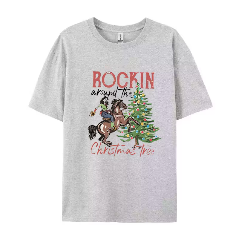 T-shirt graphique Rockin' Around the Christmas Tree pour femme, col rond, manches courtes, t-shirts 