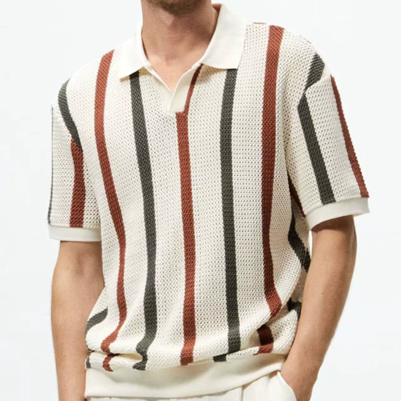 Chemises tricotées kaki ajourées pour hommes et femmes, Polo rayé contrasté, t-shirt d'affaires ampl