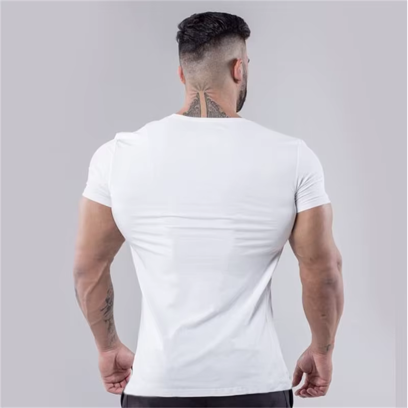 T-shirt de sport en coton uni pour hommes, vêtements de Fitness d'été, col en v, manches courtes, co