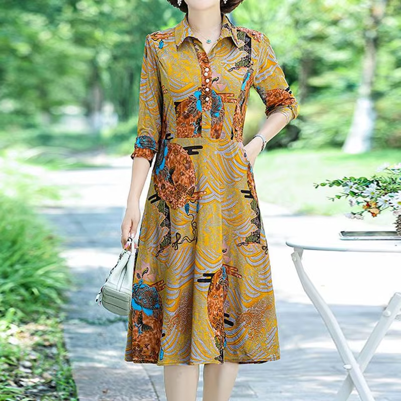 Robe imprimée Vintage et élégante pour femme, col Polo, manches longues, ample, épissée de perles, v