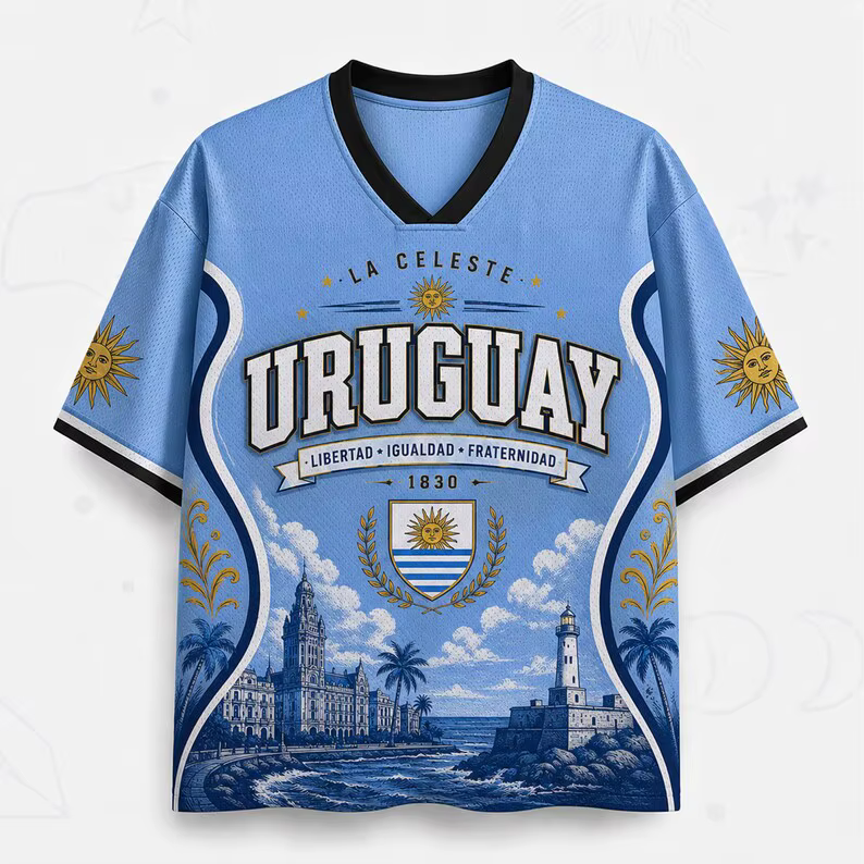Maillot de football respirant à col en V en maille imprimé Uruguay 2026 : un incontournable pour les