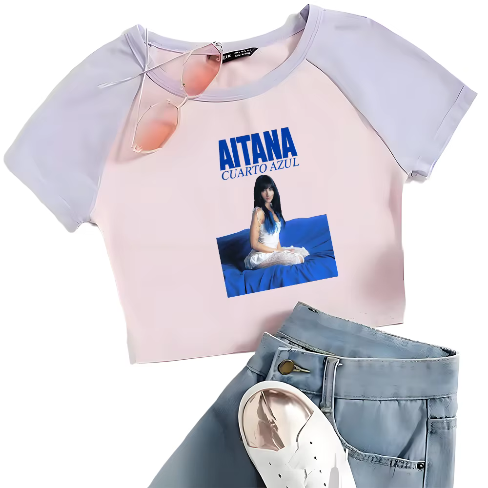 T-Shirt graphique Singer Aitana Cuarto Azul Tour pour filles et femmes, col rond, manches courtes