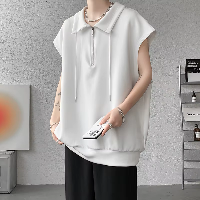 T-shirt sans manches pour hommes, col rabattu, débardeur avec cordon de serrage, Simple, respirant, 