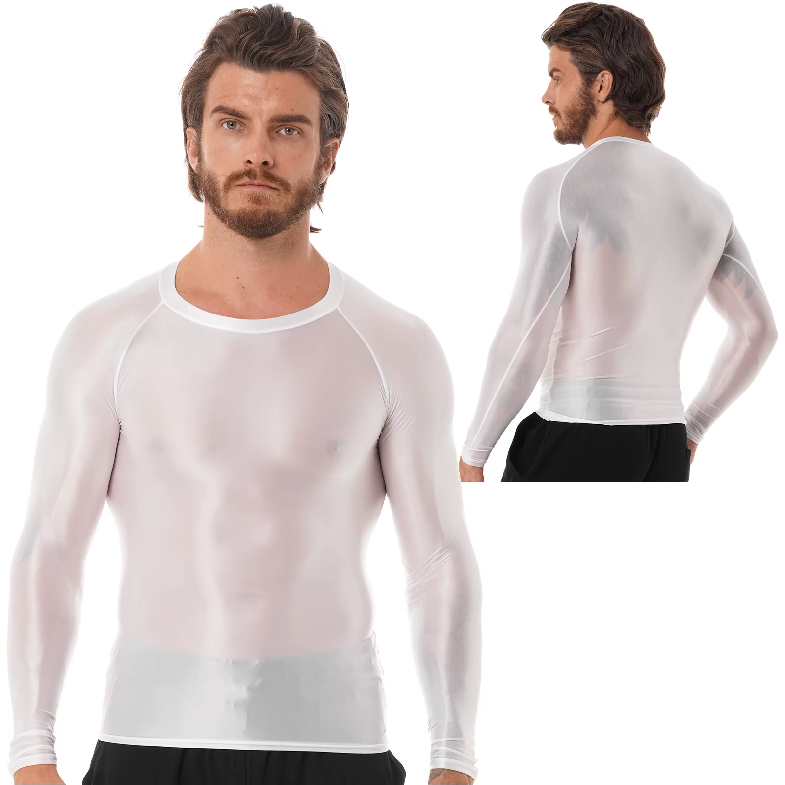 T-Shirts de sport pour hommes, coupe cintrée, respirants, hauts brillants, col rond, manches longues
