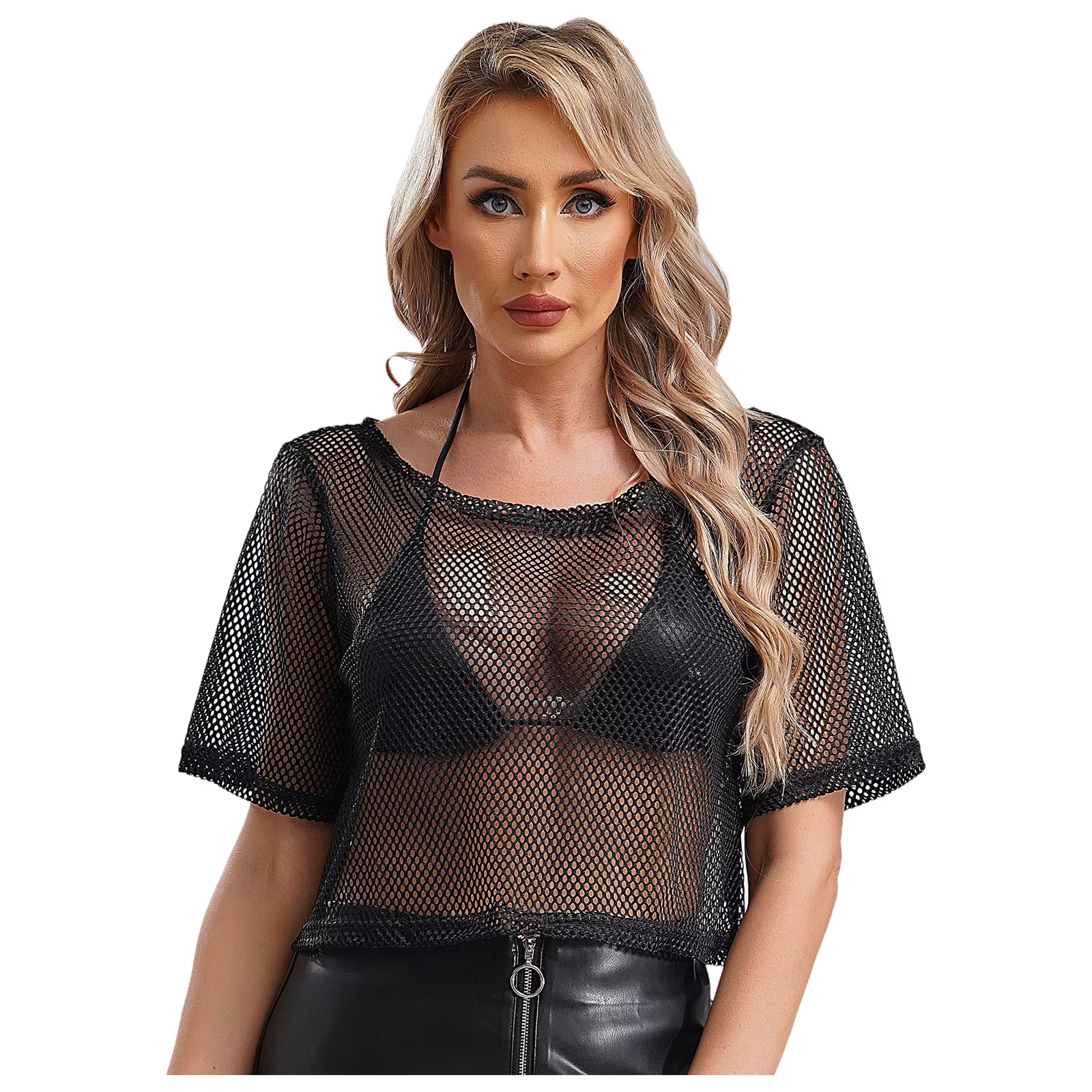 T-shirt en résille Chang des années 80 néon pour femme, col rond, manches courtes, amissié, haut cou