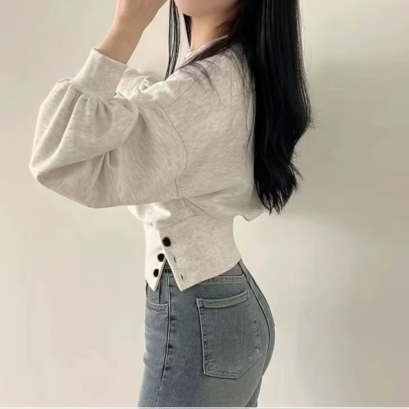 Haut court à col rond pour femme, couleur unie, manches lanternes, avec boutons, pull sportif Hip-Ho