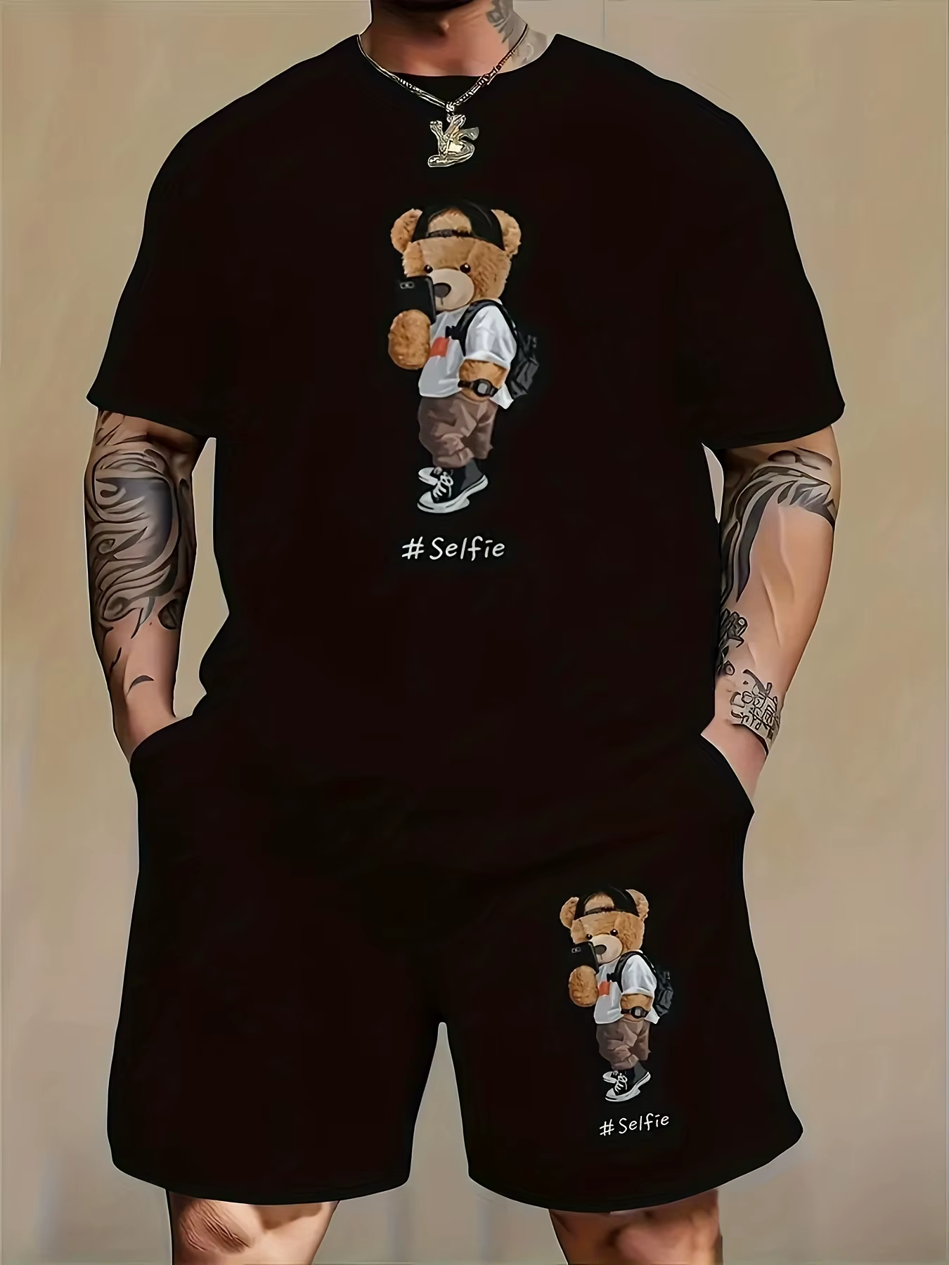 Ensemble deux pièces noir pour homme Selfie Teddy Bear : T-shirt à manches courtes et short, vêtemen