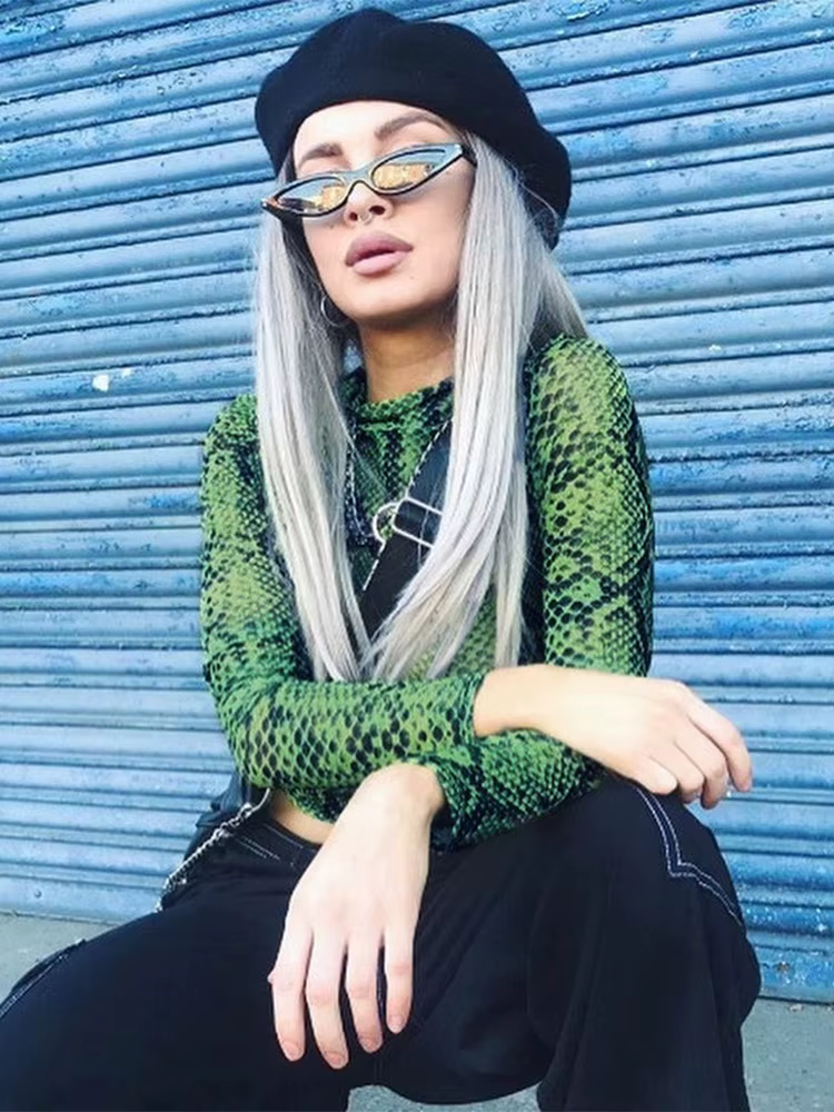 Décontracté vert serpent imprimé T-shirt femmes haut en maille à manches longues Transparent peau de