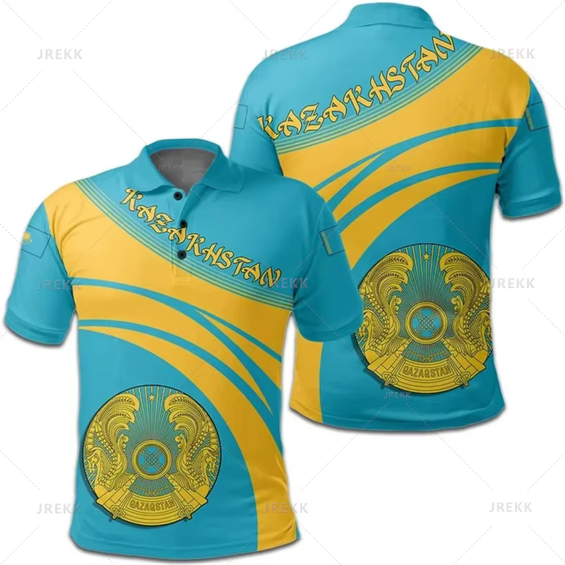 Polo imprimé 3D de la République du Kazakhstan pour hommes, chemise graphique des armoiries, t-shirt