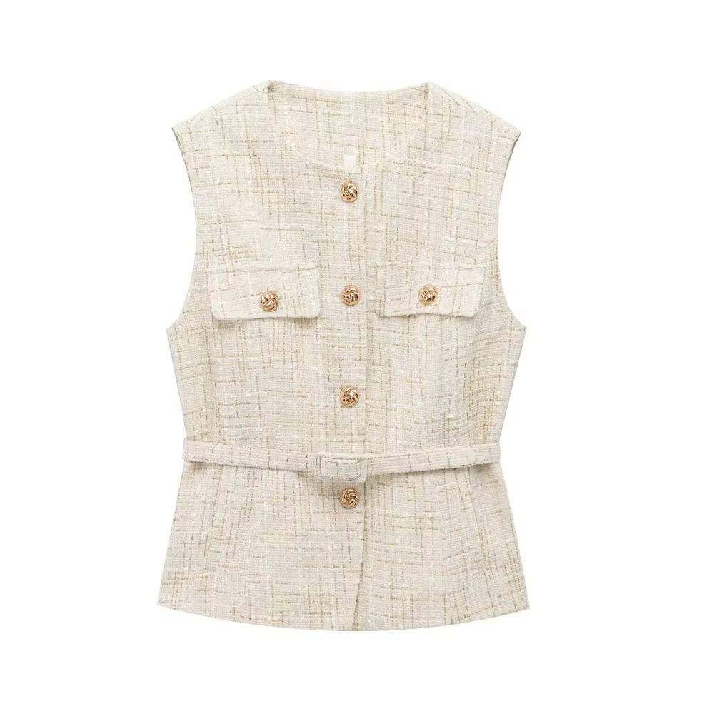 Gilet en Tweed avec ceinture pour femmes, col rond, sans manches, bouton sur le devant, vêtements d'
