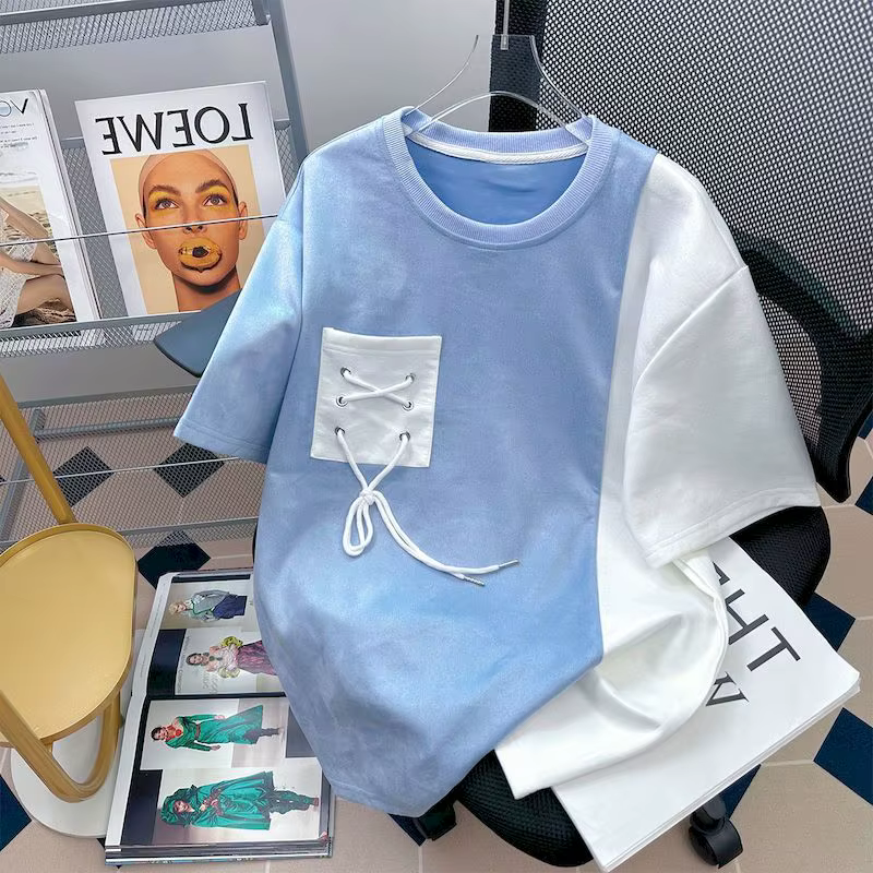 T-shirt manches courtes homme et femme, estival et décontracté, avec sangle de poche, design à la mo