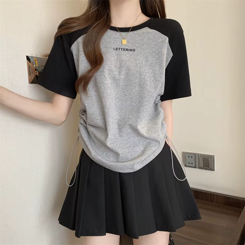 T-shirt à manches raglan pour femme, imprimé lettres, avec cordon de serrage, froncé, décontracté, à