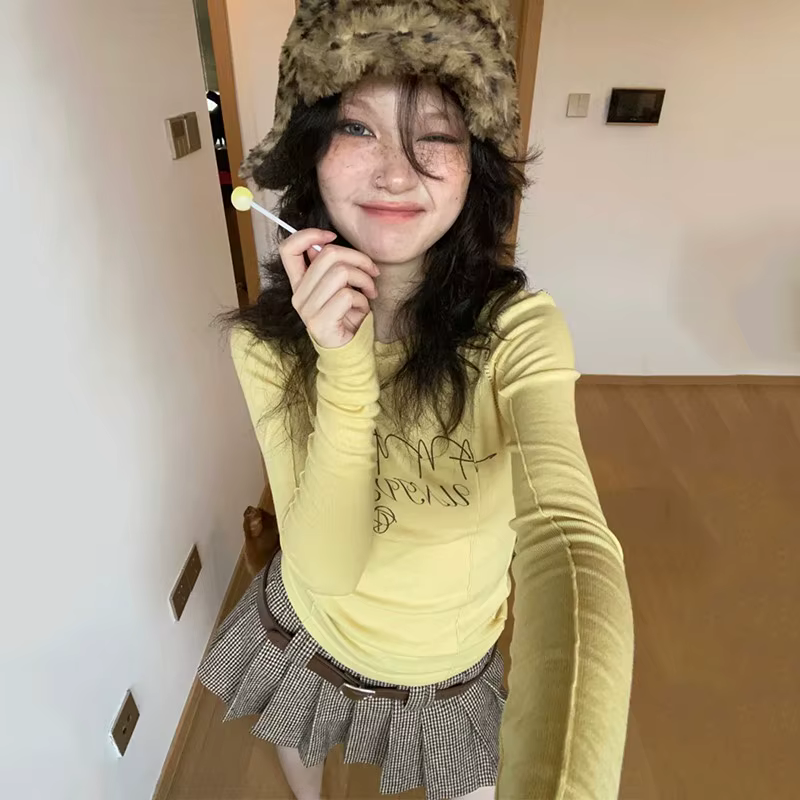 Karr233 Y2K-T-shirt à Manches sulfJaune pour Fille Streetwear, Esthétique Japonaise des Années 2000,
