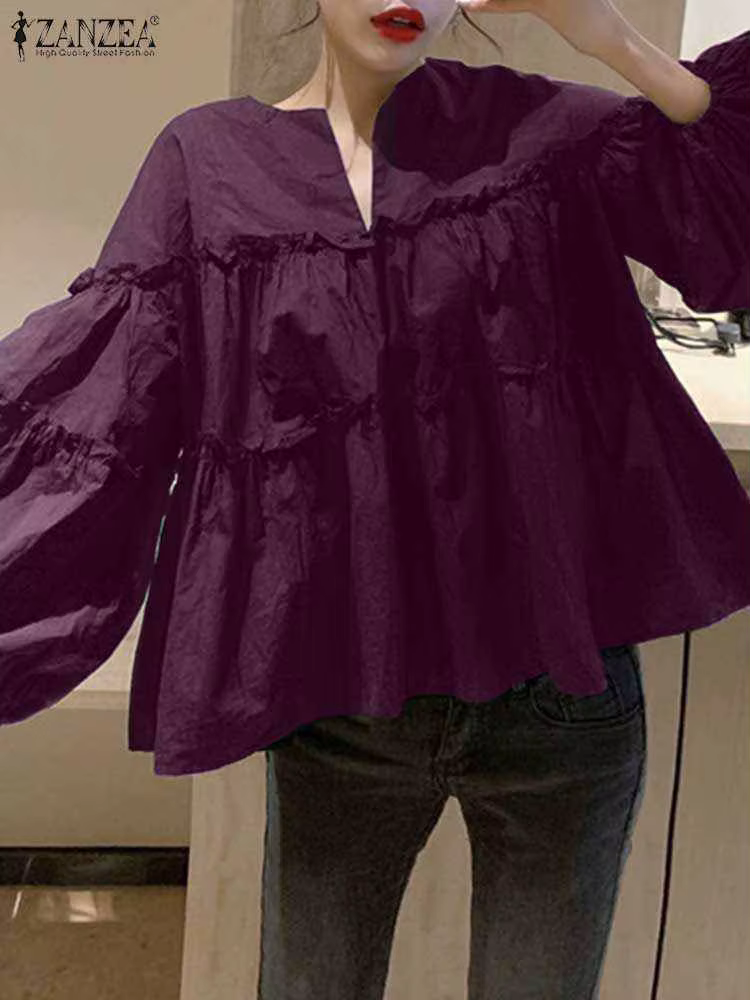 ZANZEA mode femmes à manches longues bouffantes Blouse automne printemps Eelgant chemise volants Blu