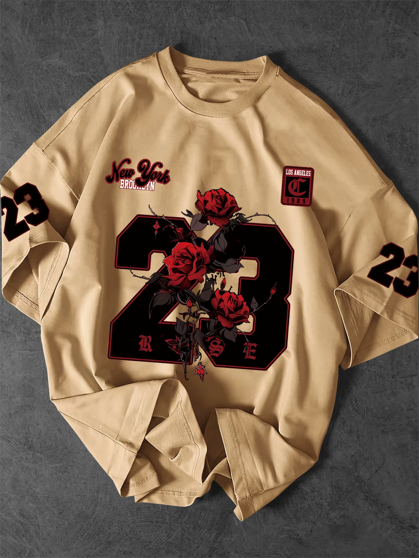 T-shirt graphique New York 23 Rose pour hommes, streetwear gothique, col rond, manches courtes, en p