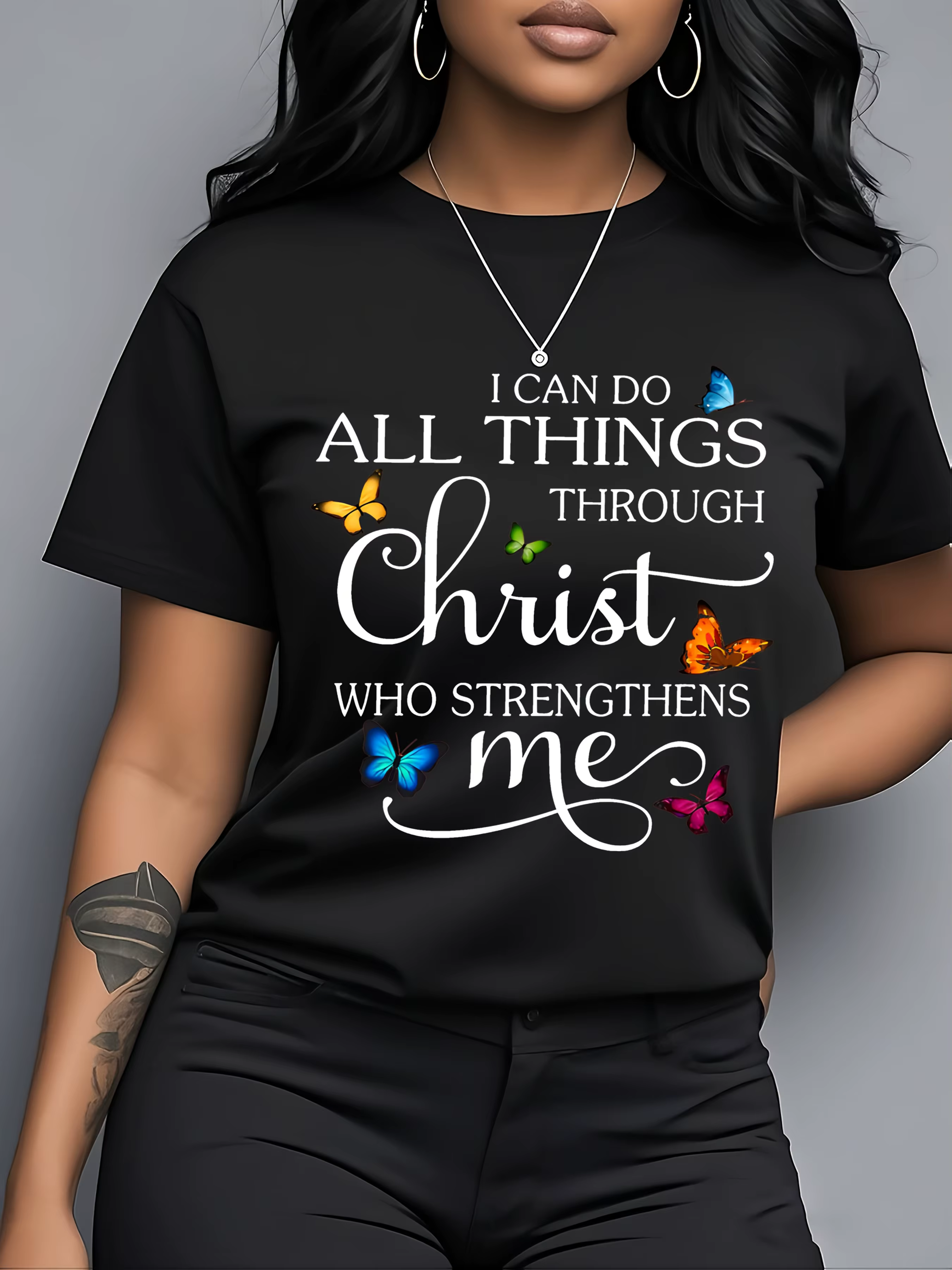 T-shirt pour femme « I Can Do All Things Through Christ » - Motif papillon chrétien, haut rose décon
