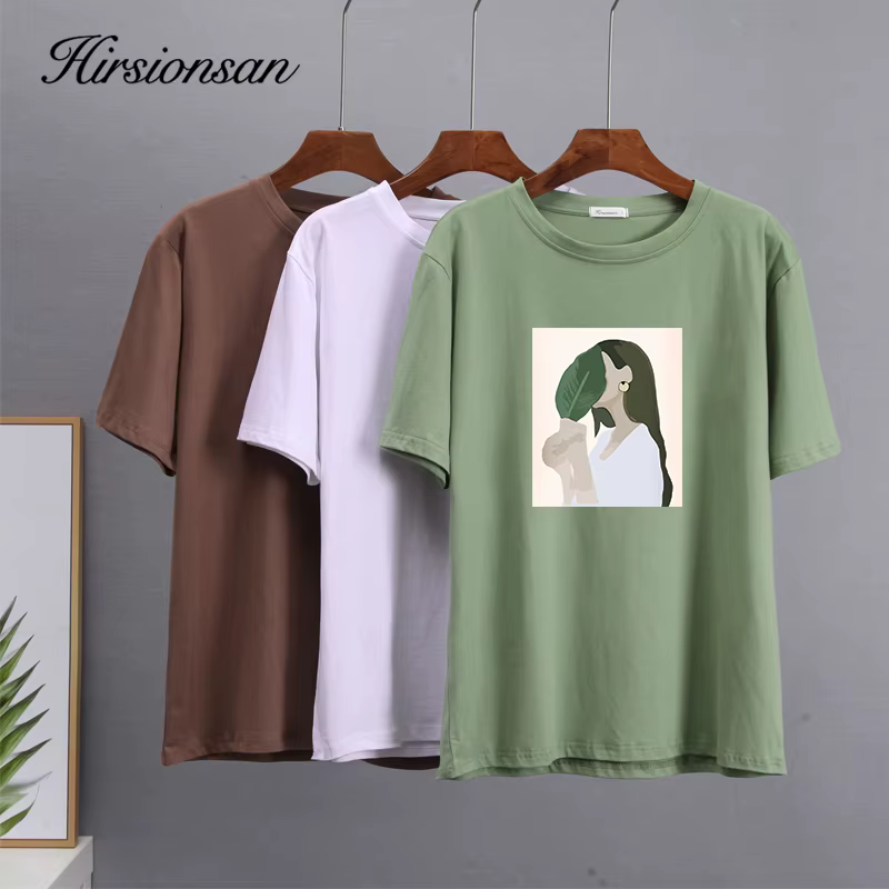 Hirsionsan – t-shirt imprimé pour femmes, 2023 coton, ample, décontracté, Chic, estival, 100%