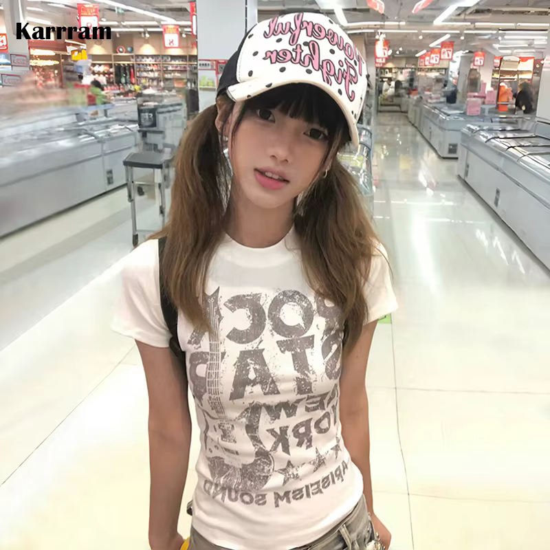 Karrram japonais Y2k lettre impression T-shirt 2000s Style à manches courtes haut court Vintage Hara