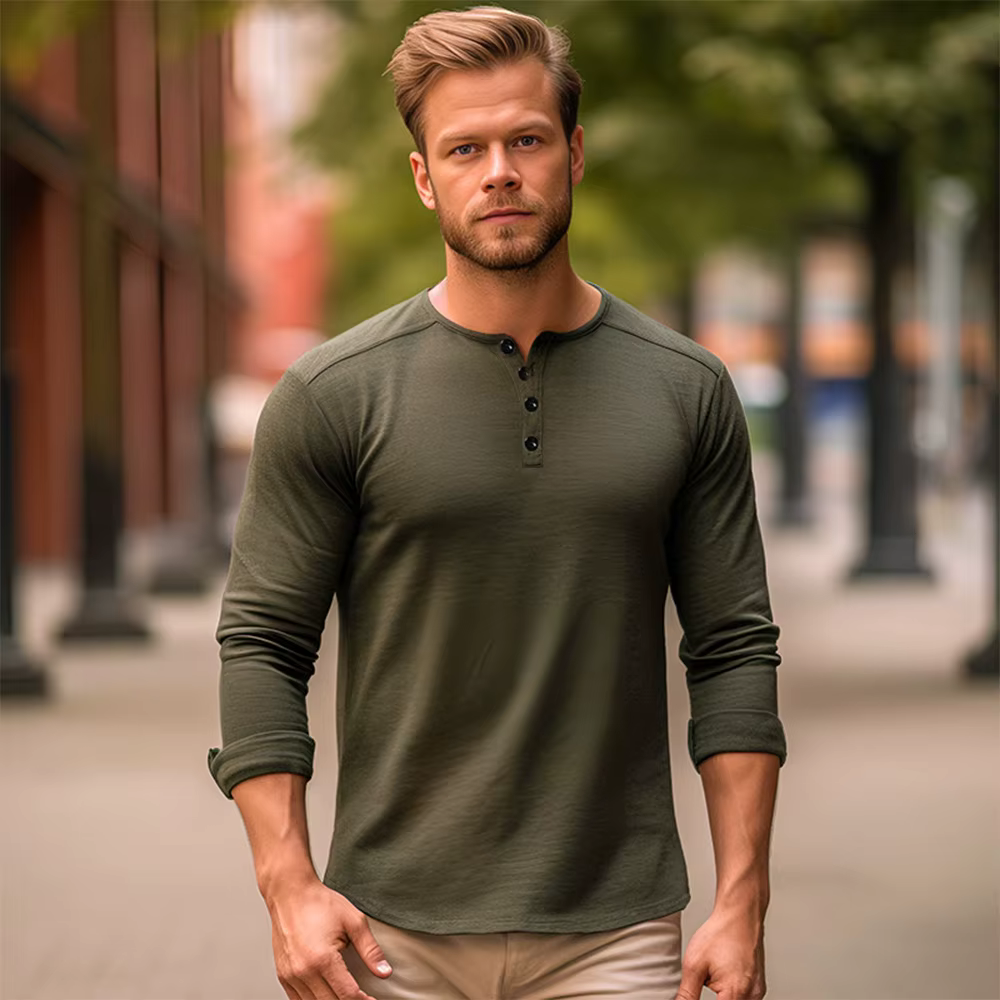 Hommes à manches longues T-shirt coton coupe ajustée chemise de fond Fitness hauts t-shirts bouton c