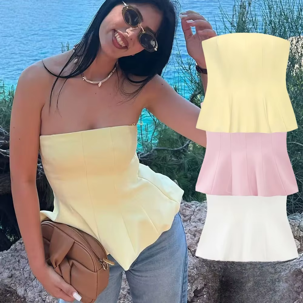 KONDALA Sexy beurre jaune Cami volants bustier tubulaire femmes mode 2025 été sans bretelles Y2K fil