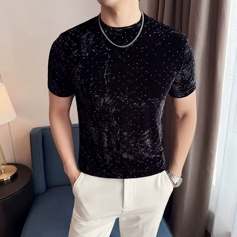 T-shirts pour hommes, design plissé tendance, en velours doré, à manches courtes, vêtements pour hom