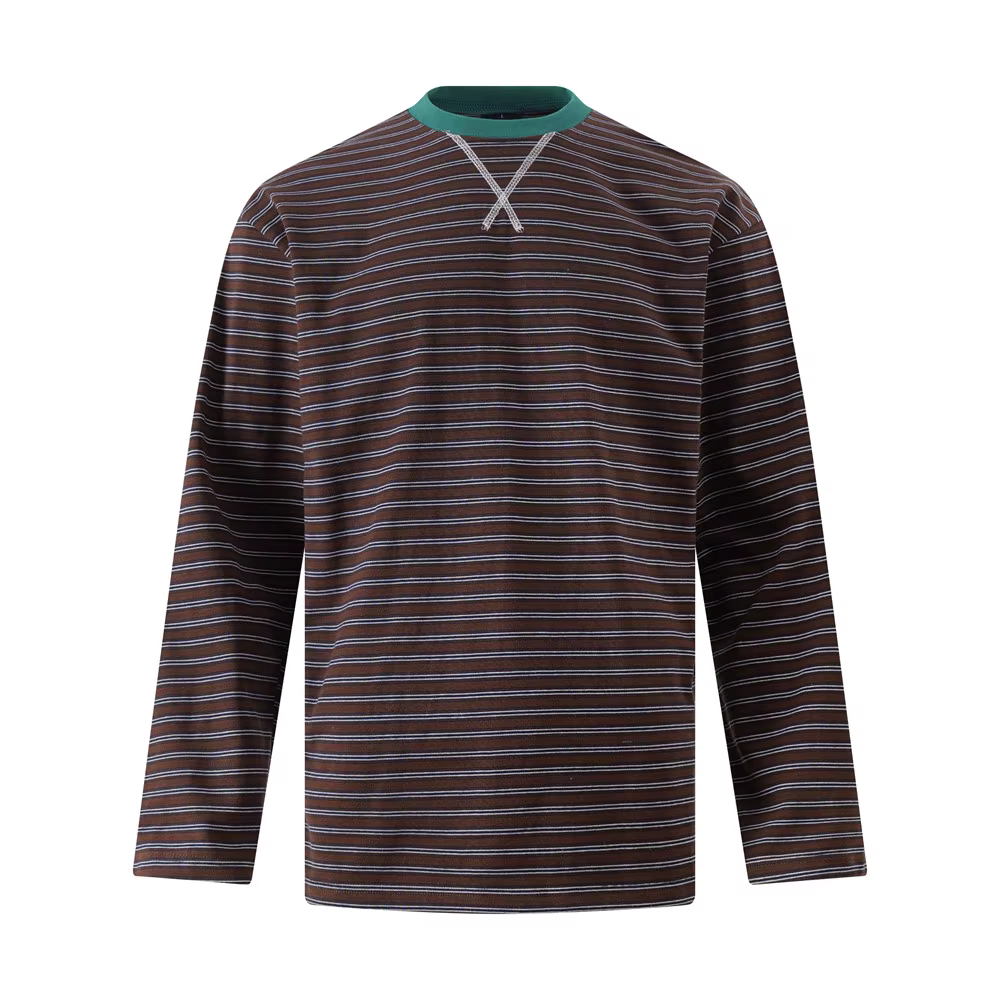 T-shirt à manches longues rayé épissé hommes automne rétro décontracté ample à manches longues col r