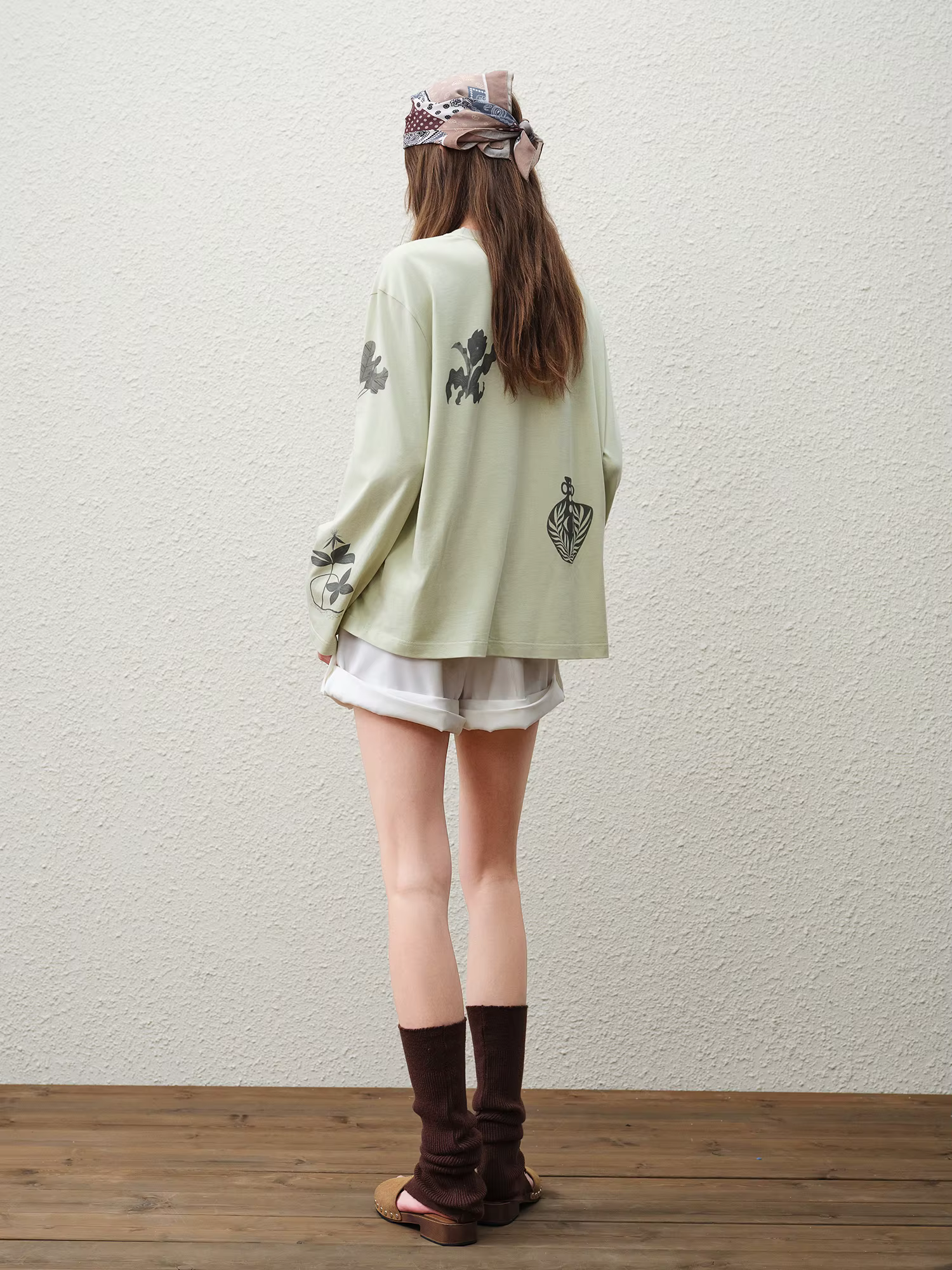 FSLE 【Série Premium】 T-shirt à manches longues pour femme en mélange de lin à imprimé botanique, nou