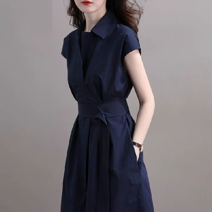 Robe chemise élégante et amincissante de style français, cintrée à la taille, coupe midi trapèze, en
