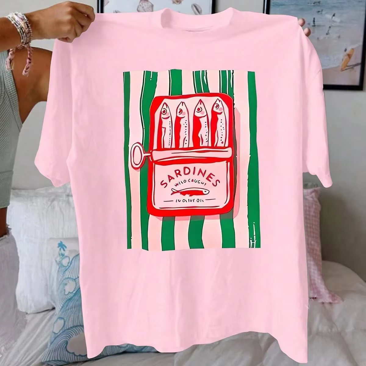 T-Shirt d'été en coton imprimé sardine pour femmes, col rond, matériau respirant, manches courtes, d