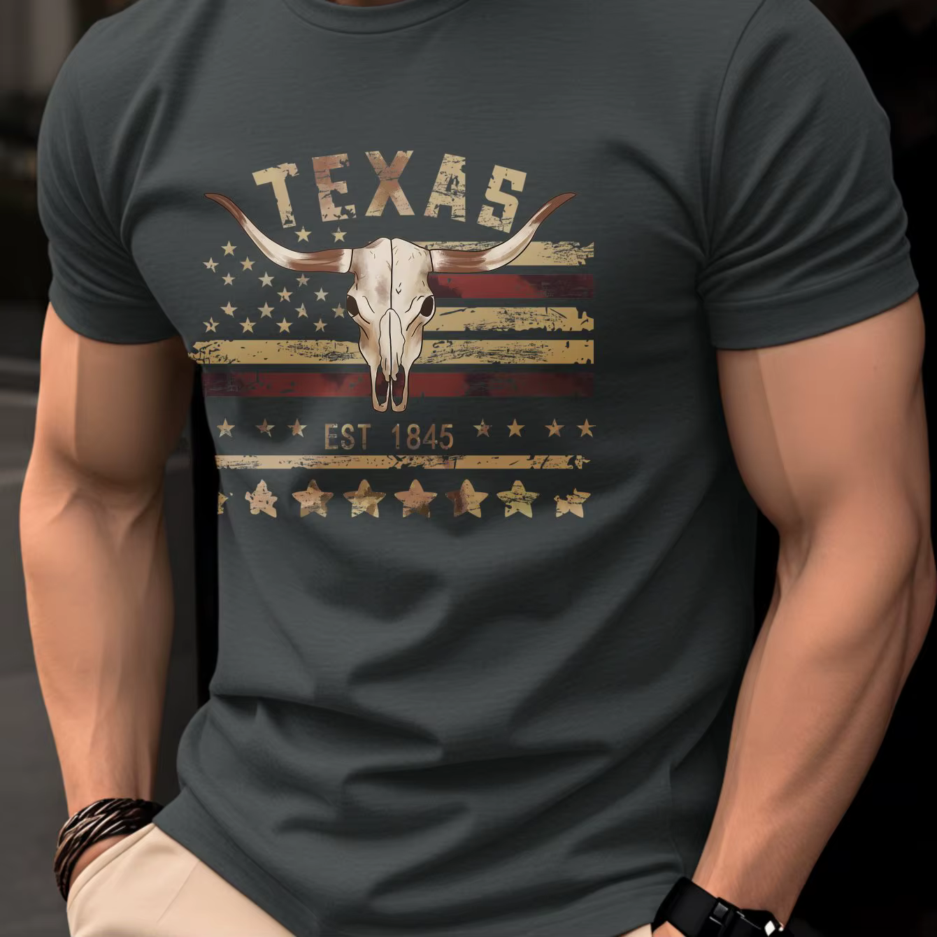 T-shirt pour homme Texas EST 1845 avec crâne de Longhorn, imprimé drapeau américain vintage, style w