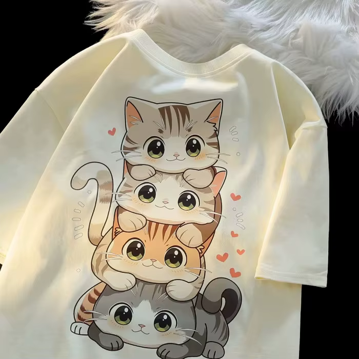 T-shirt manches courtes col rond femme, décontracté, ample et polyvalent, imprimé chat de dessin ani
