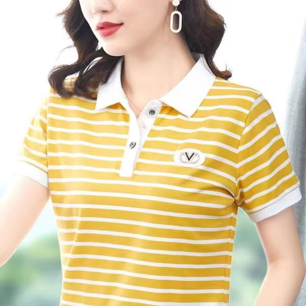 T-shirt à manches courtes rayé jaune pour femmes, chemises à col polo noir et blanc, vêtements en po