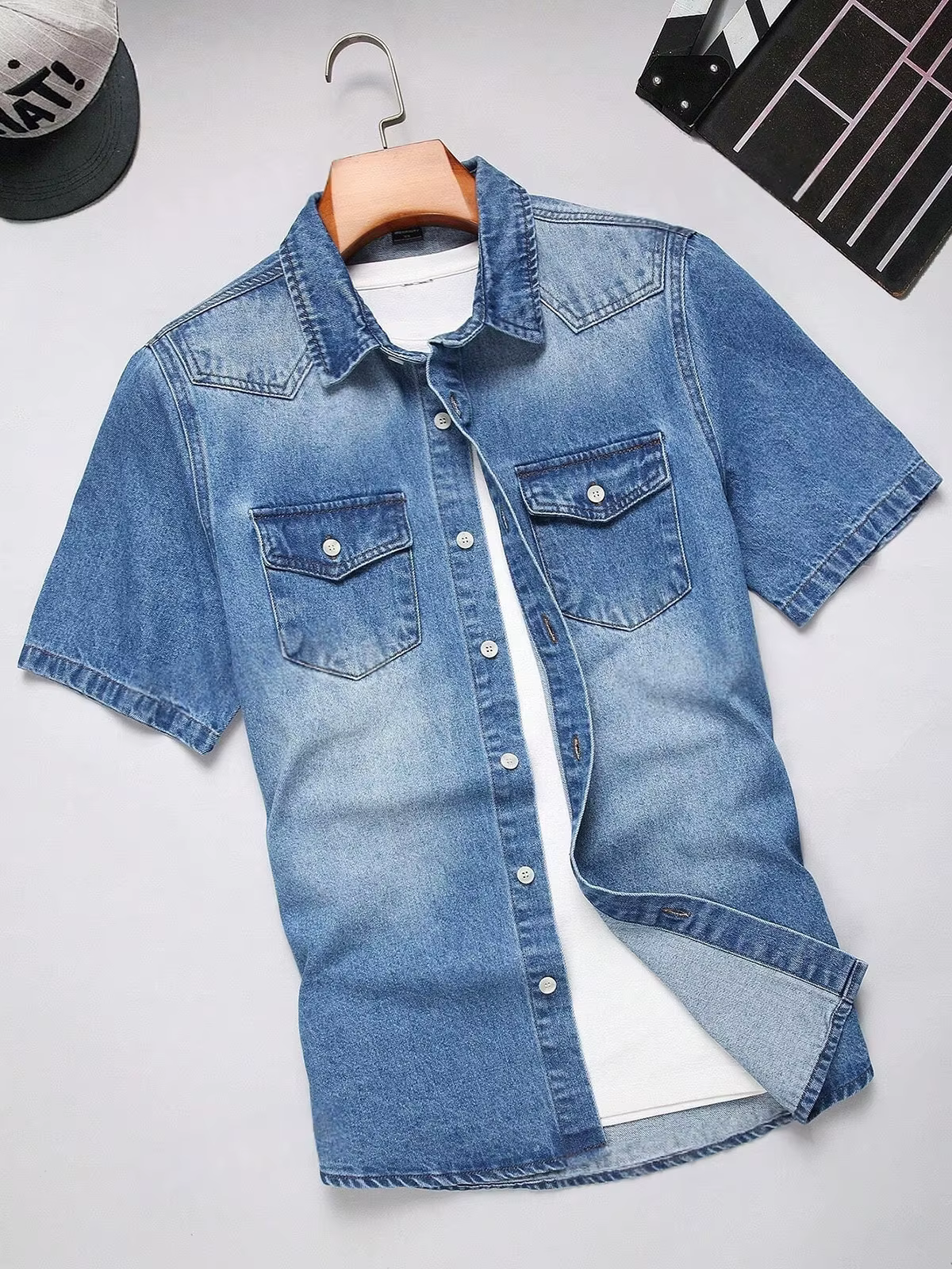 Chemise en jean vintage à manches courtes pour homme, chemisier décontracté en denim à col boutonné
