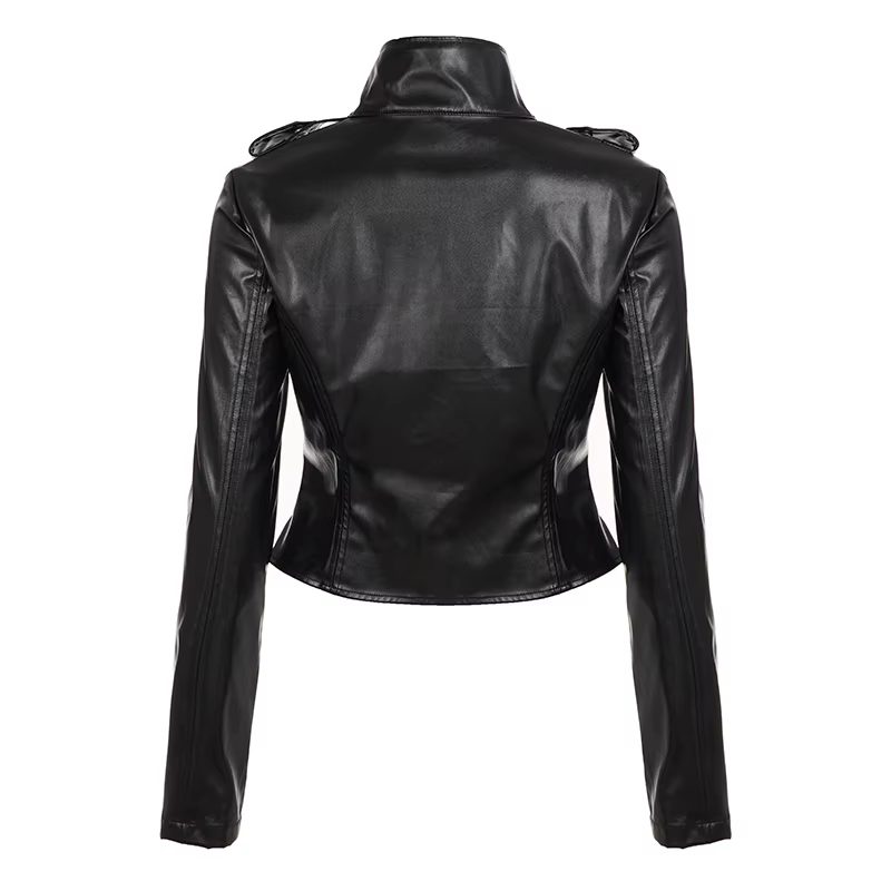 Veste en cuir Pu noir fermeture éclair col montant coupe ajustée Moto Biker veste Y2K Edgy décontrac